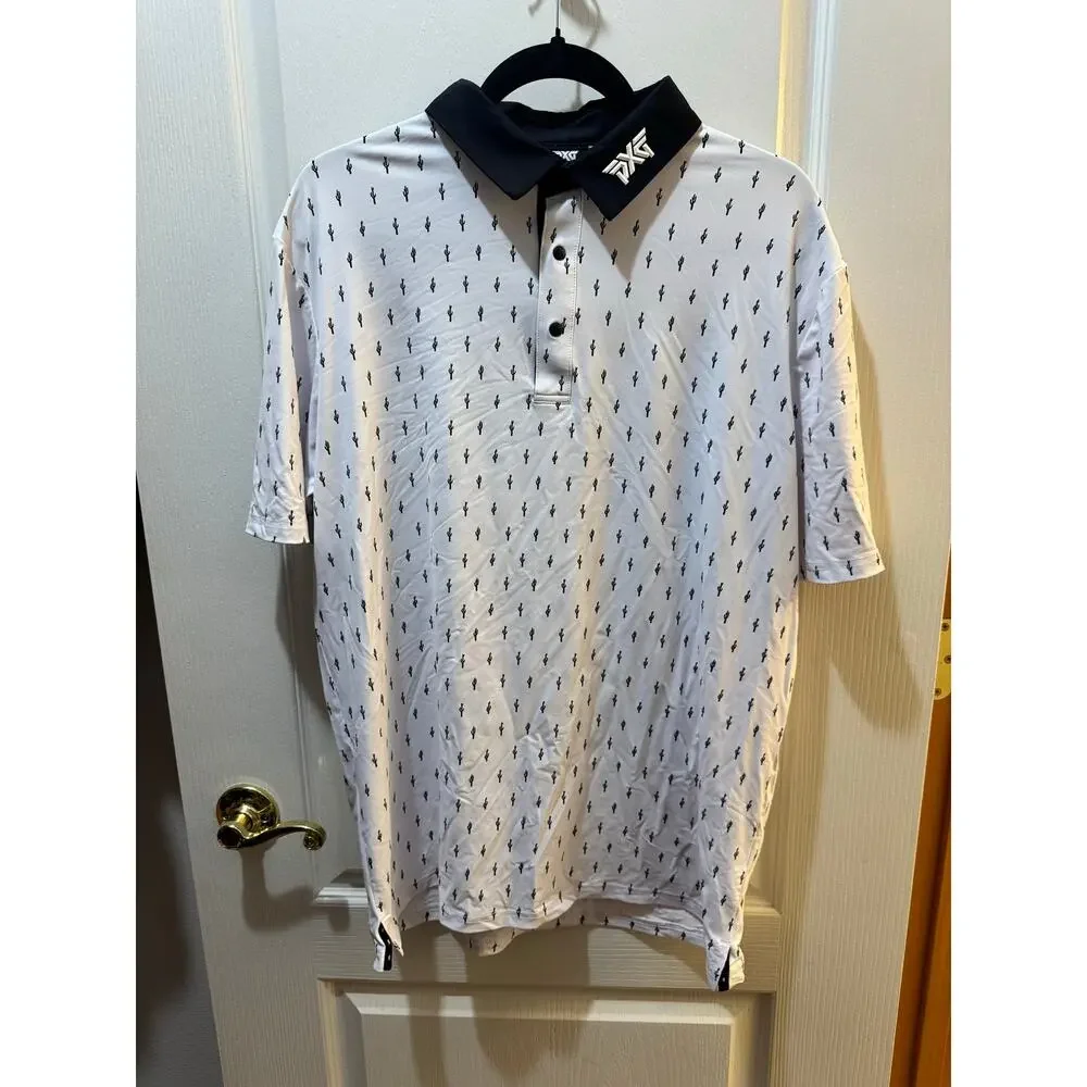 PXG Cactus Print Golf Polo Mens Medium White Black Performance UPF 50+